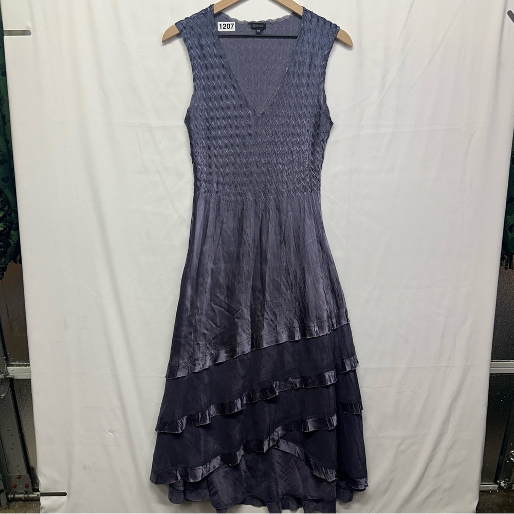 Komarov Sleeveless Crinkle Midi Dress Blue Purple Size M Made USA